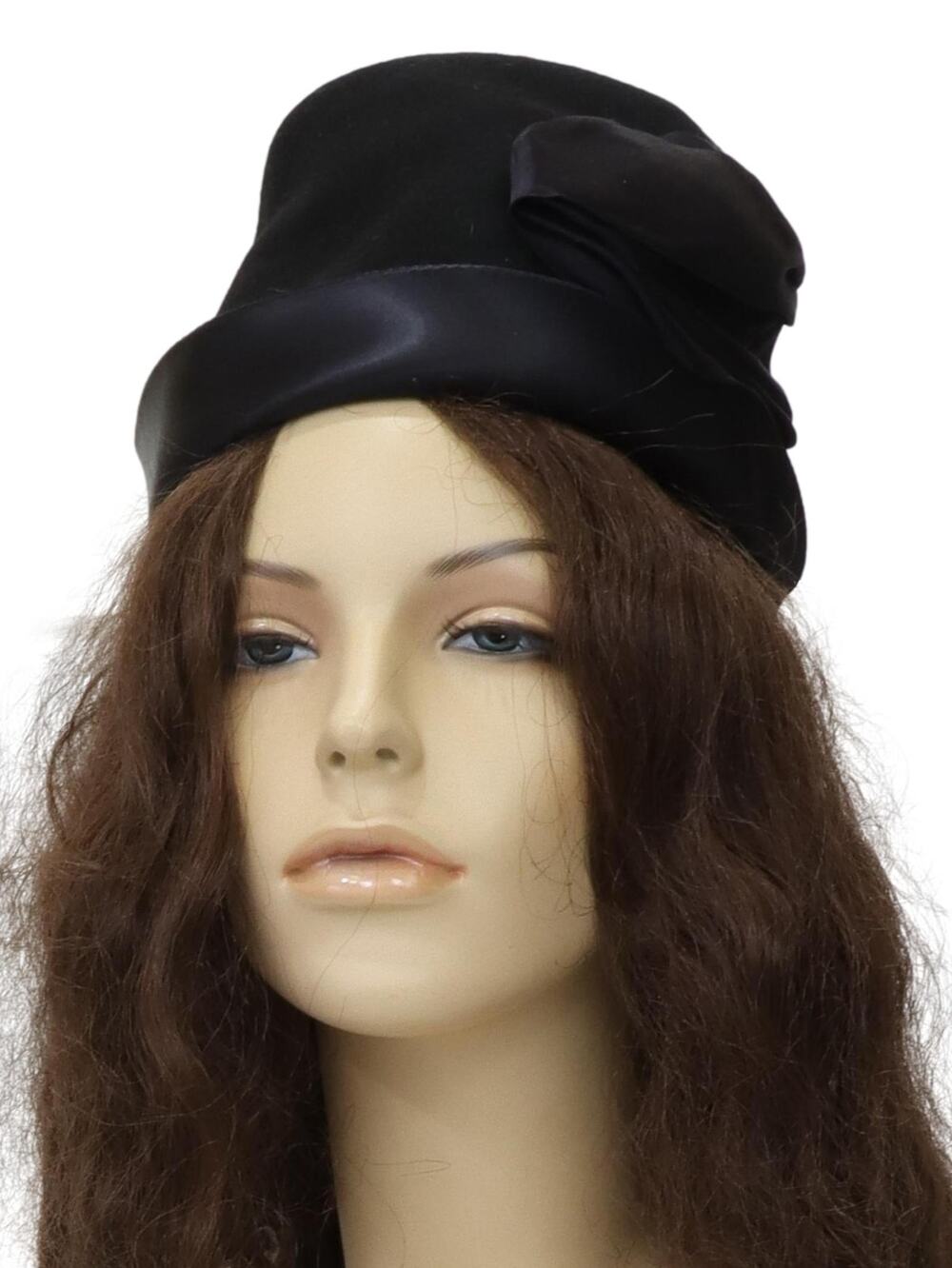 Vintage 1950s Black Wool Cloche Hat New York Creations Satin Rose Size 7